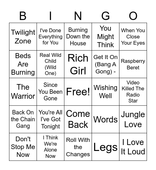 80S Bingo Card