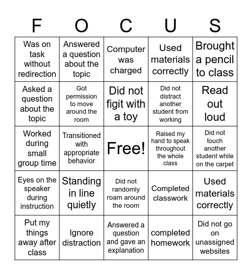 CLASSROOM BINGO Card