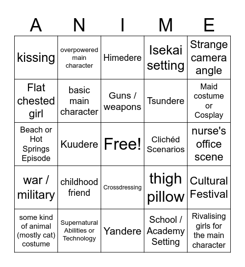 Bingo for Ecchi / Harem anime Bingo Card
