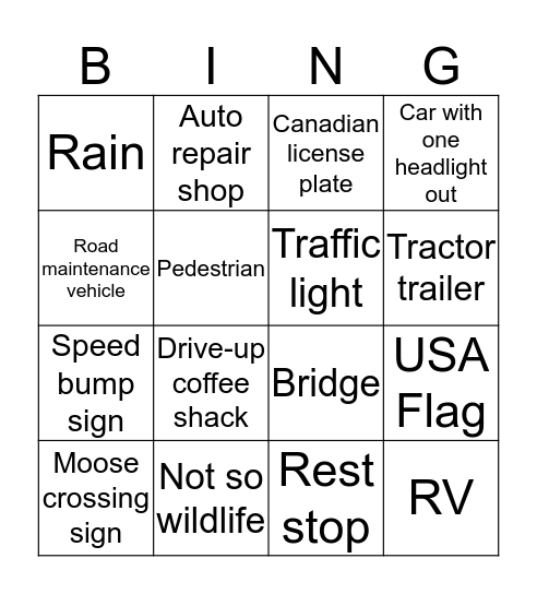 Road Trip Bingo Card