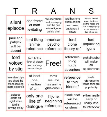 TORD'S NEXT ADVENTURE Bingo Card