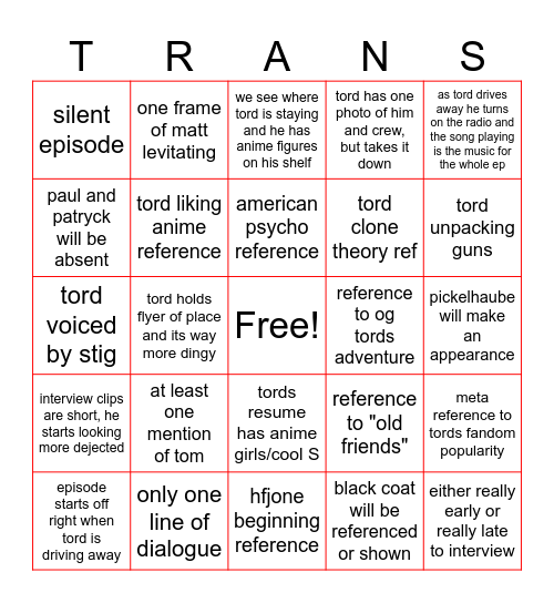 TORD'S NEXT ADVENTURE Bingo Card
