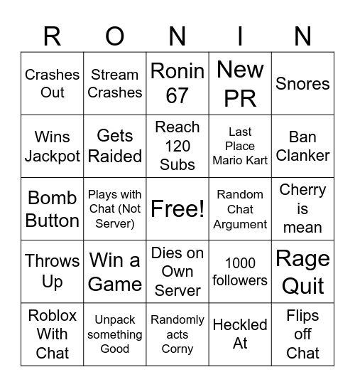 Subathon Bingo Card
