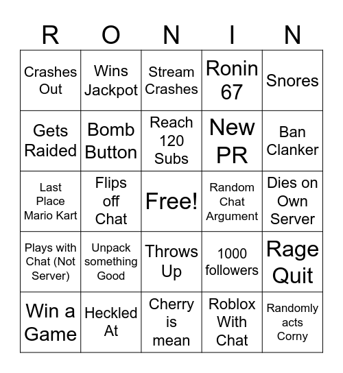 Subathon Bingo Card