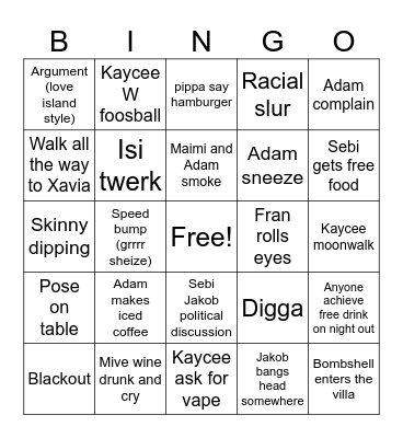 love island Bingo Card