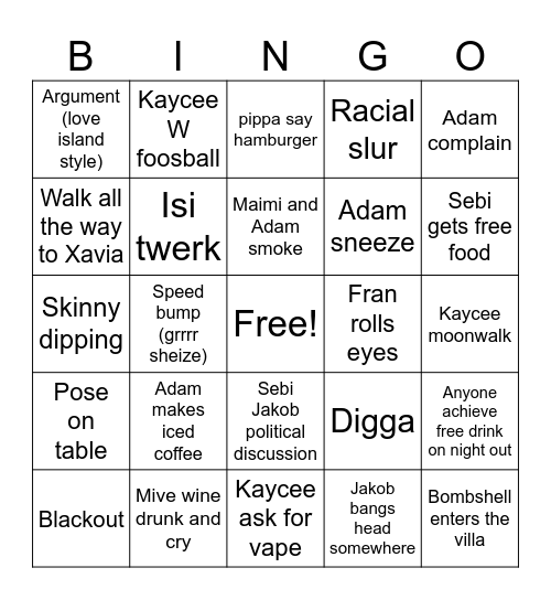 love island Bingo Card