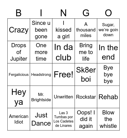 2000’s Hits Bingo Card