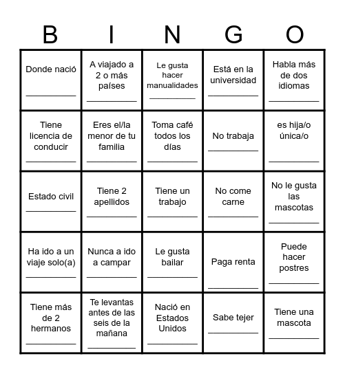 Bingo humano Bingo Card