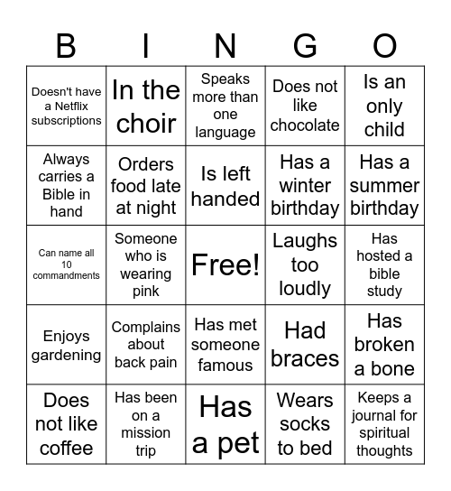 Covenant Orientation Bingo Card Bingo Card