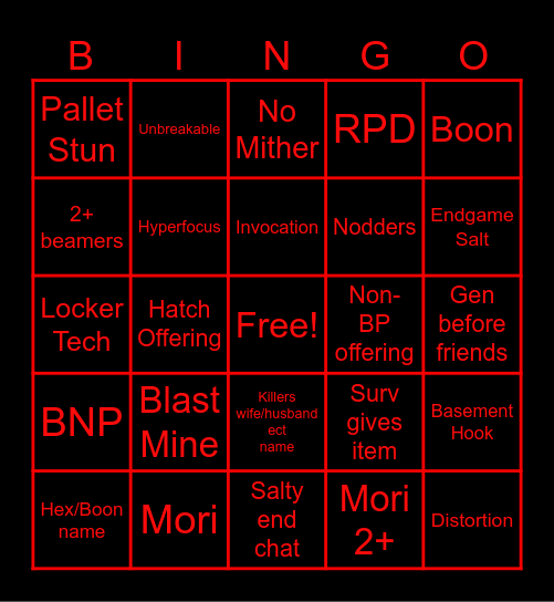 DBD Killer Bingo Card