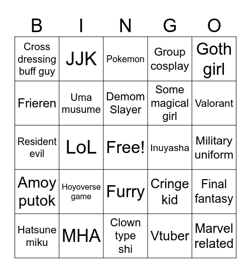 PH Cosplay Bingo Card