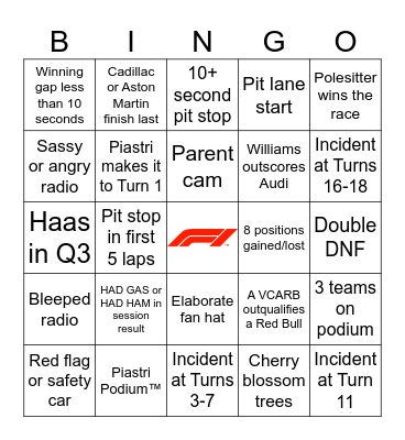F1 Bingo - Japan 2026 Bingo Card