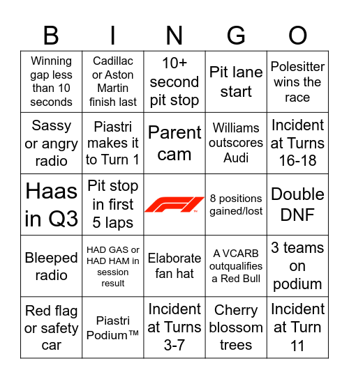 F1 Bingo - Japan 2026 Bingo Card