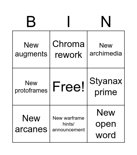Warframe Bingo Card