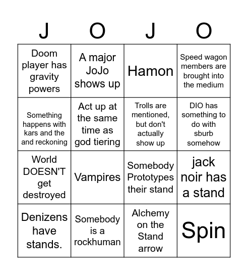 JoJo stuck predictions Bingo Card