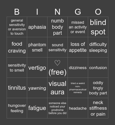 Migraine Symptoms Bingo Card