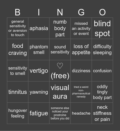 Migraine Symptoms Bingo Card