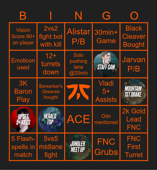 FNC vs Giantx G1 (S26) Bingo Card