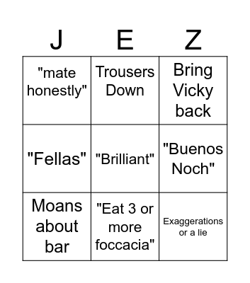 Jezza Bingo Card