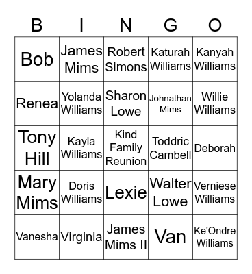KIND Family Reunion Bingo Game Bingo Card