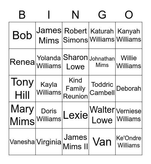 KIND Family Reunion Bingo Game Bingo Card