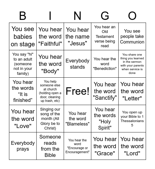 Family Worship Service Bingo Card