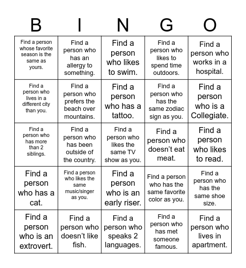 Find a Person BINGO Card