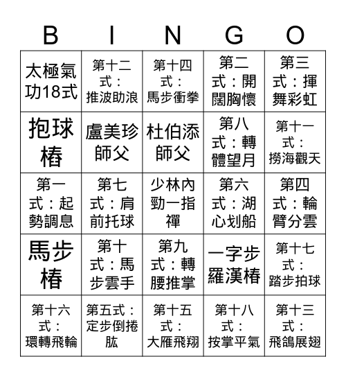 少林內勁一指禪 Bingo Card Bingo Card