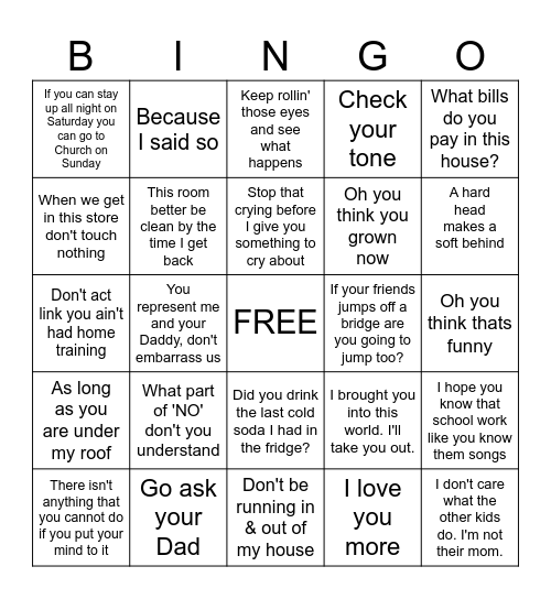 Black Mama Sayings Bingo Card
