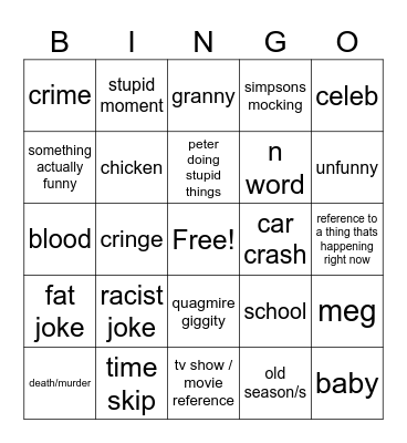 family guy Bingo Card