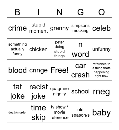 family guy Bingo Card