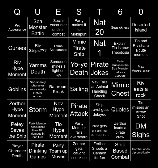 Questicles Session 60 Bingo Card
