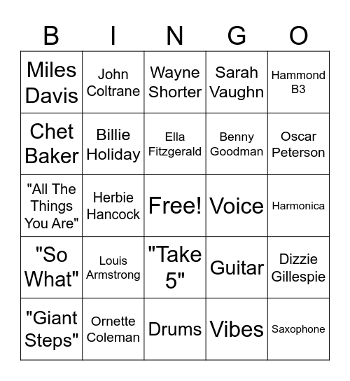 Jazz Bingo - JINGO! Bingo Card