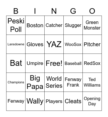Red Sox Baseball Bingo Card