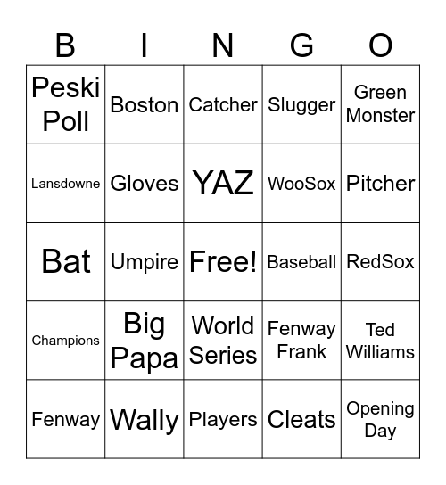 Red Sox Baseball Bingo Card