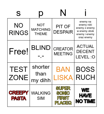 SONIC Bingo Card