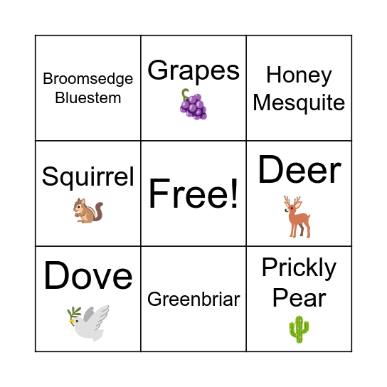Wildlife Bingo Card