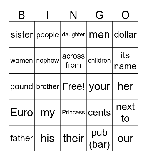 Sat. Class Vocabulary Bingo Card