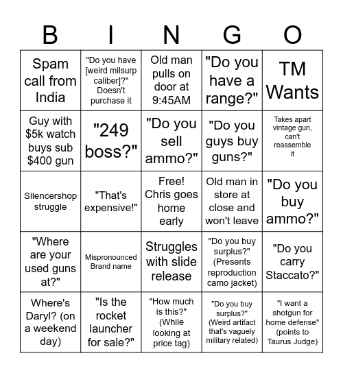 Bear Arms Bingo Card