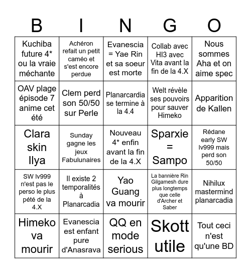 Planarcadia Bingo Card