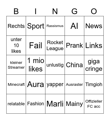 Tik Tok Bingo Card