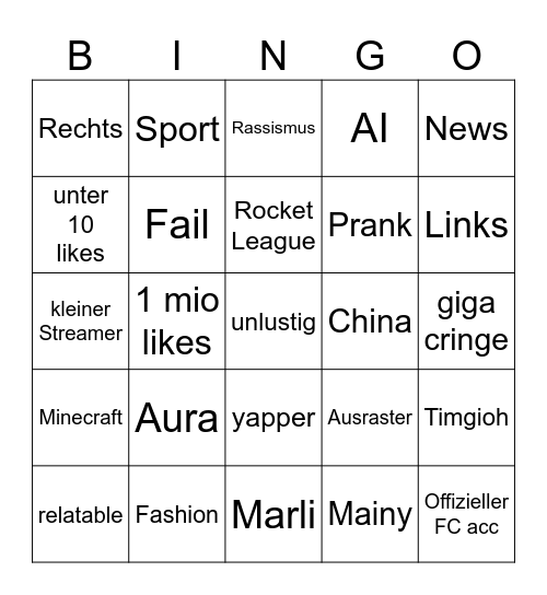 Tik Tok Bingo Card