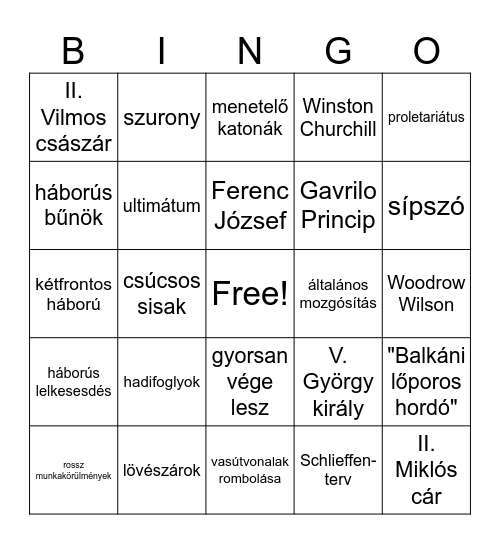 I. világháború Bingó Bingo Card
