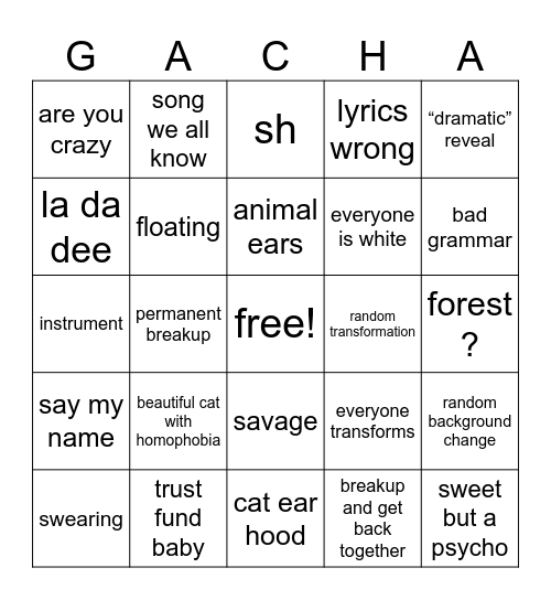 GACHA SINGING BATTLE 2.0 Bingo Card