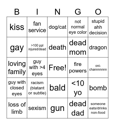 anime bingo Card
