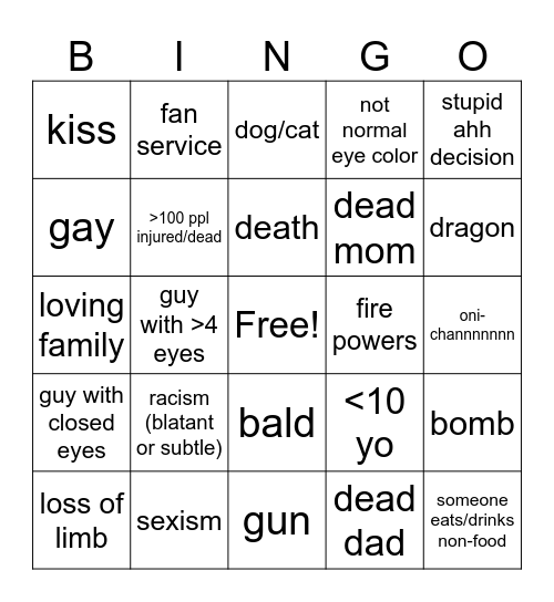 anime bingo Card