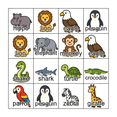 Wild Animals Bingo Card