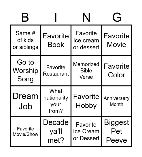 Couples Night Bingo Card