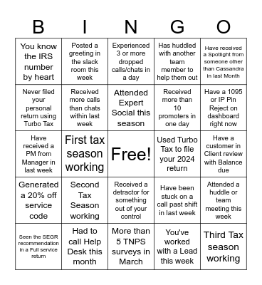 Turbo Tax Bingo 2025 Bingo Card
