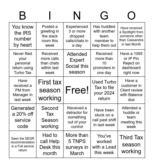 Turbo Tax Bingo 2025 Bingo Card